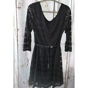Lily‎ Rose Black 3/4 Sleeve Scoop Neck Braided Belt Dress Large Women's Mini
